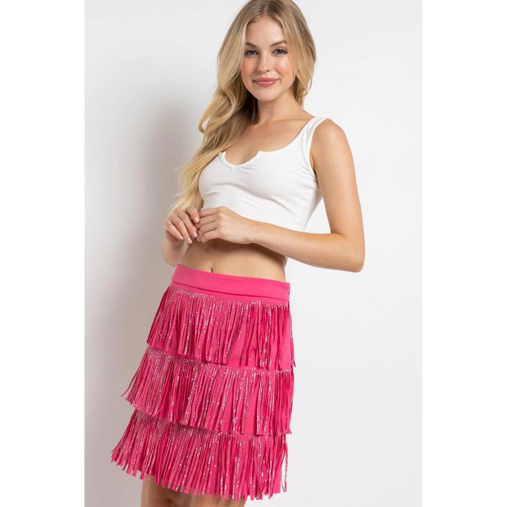 Rhinestone Suede Fringe Skirt (Fushia)